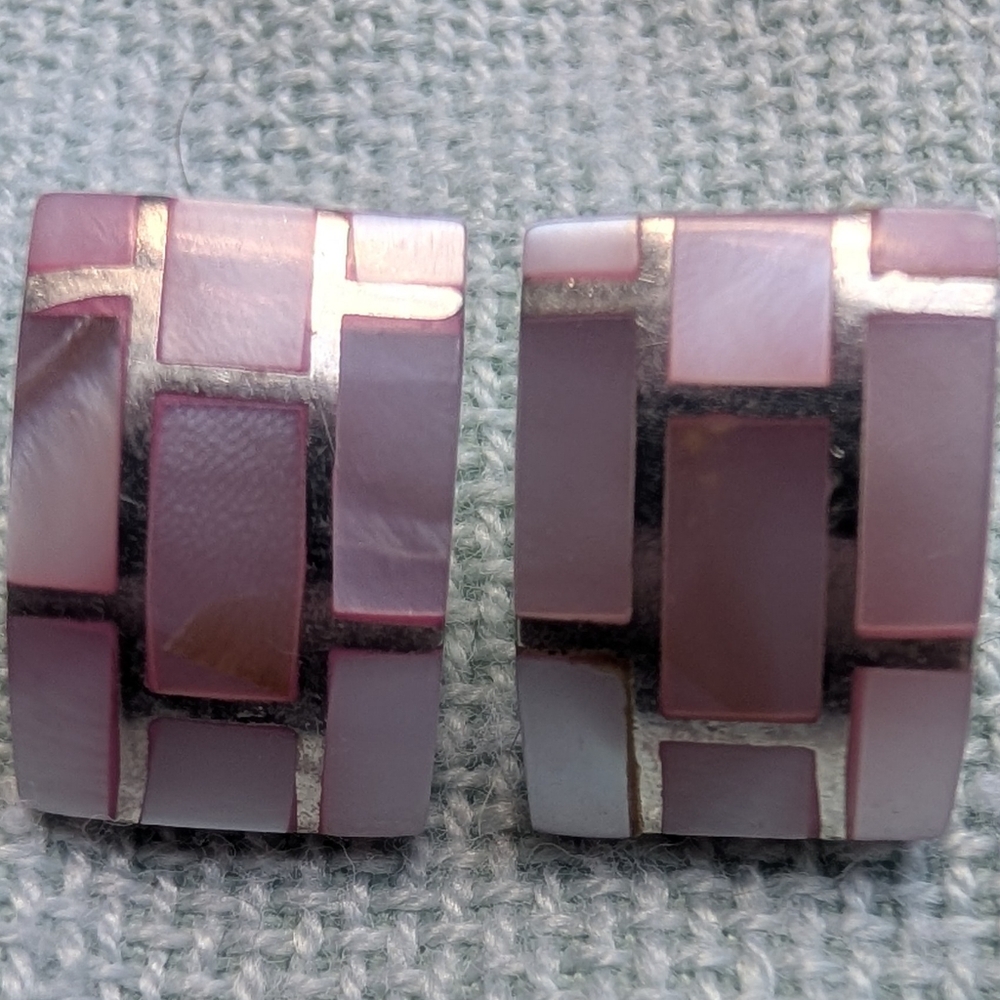 Sterling Silver Convex Inlaid Pink Mother Of Pearl With silver Inlay Borders